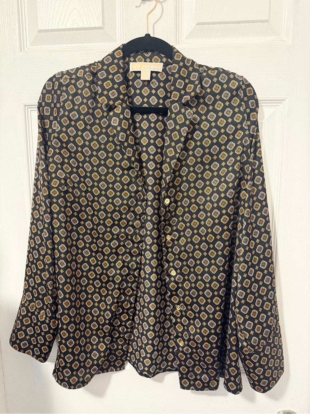 Michael Kors Black & Gold Printed Button-Up Blouse Size M